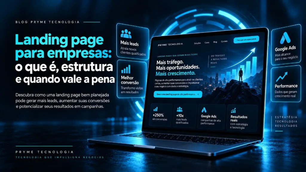 Notebook exibindo uma landing page da Pryme, com cartões de mais leads, melhor conversão, Google Ads e performance