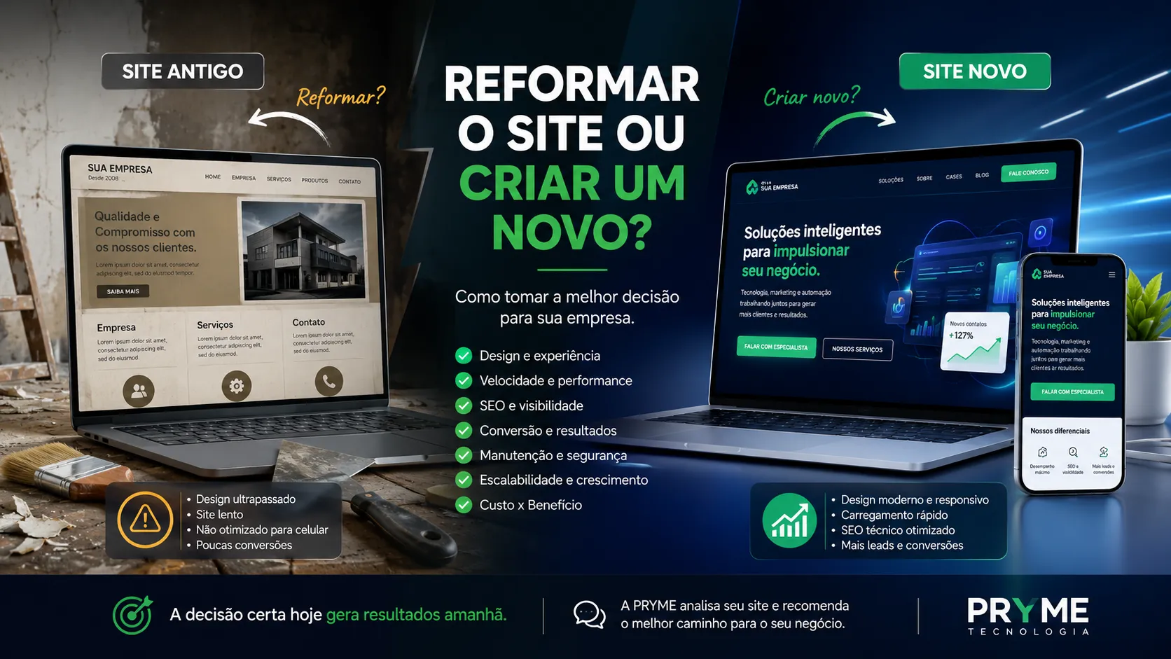 Comparação entre um site empresarial antigo e um site novo, com destaque para design, velocidade, SEO e conversão
