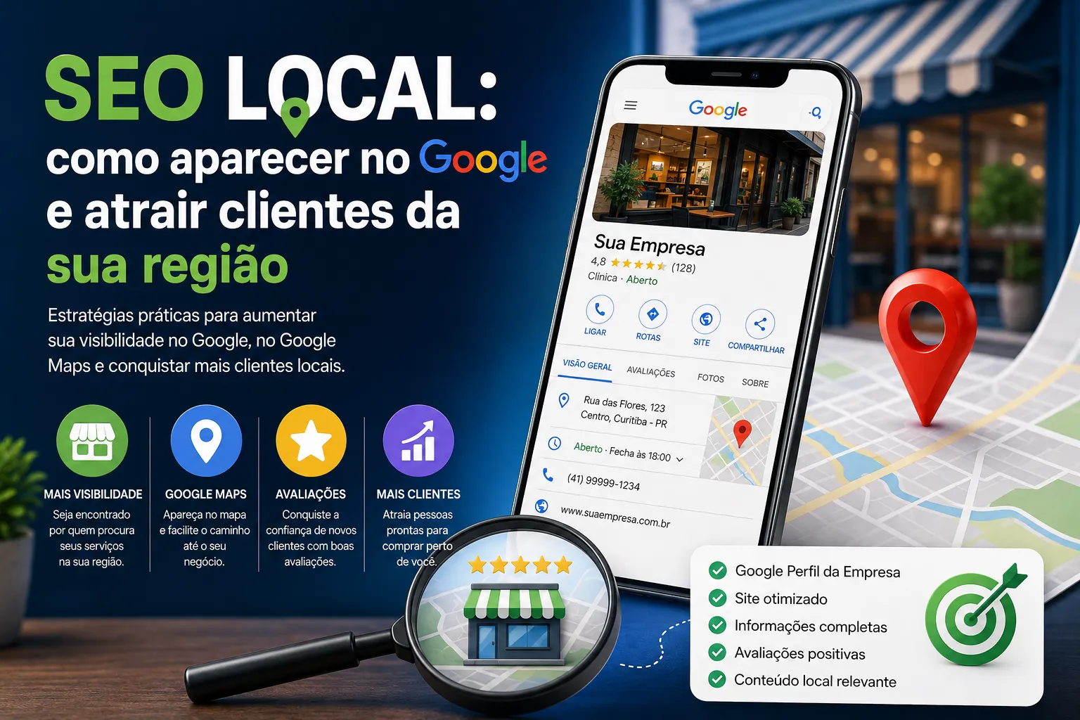 Celular exibindo um perfil de empresa no Google com mapa, avaliações e localização para SEO Local
