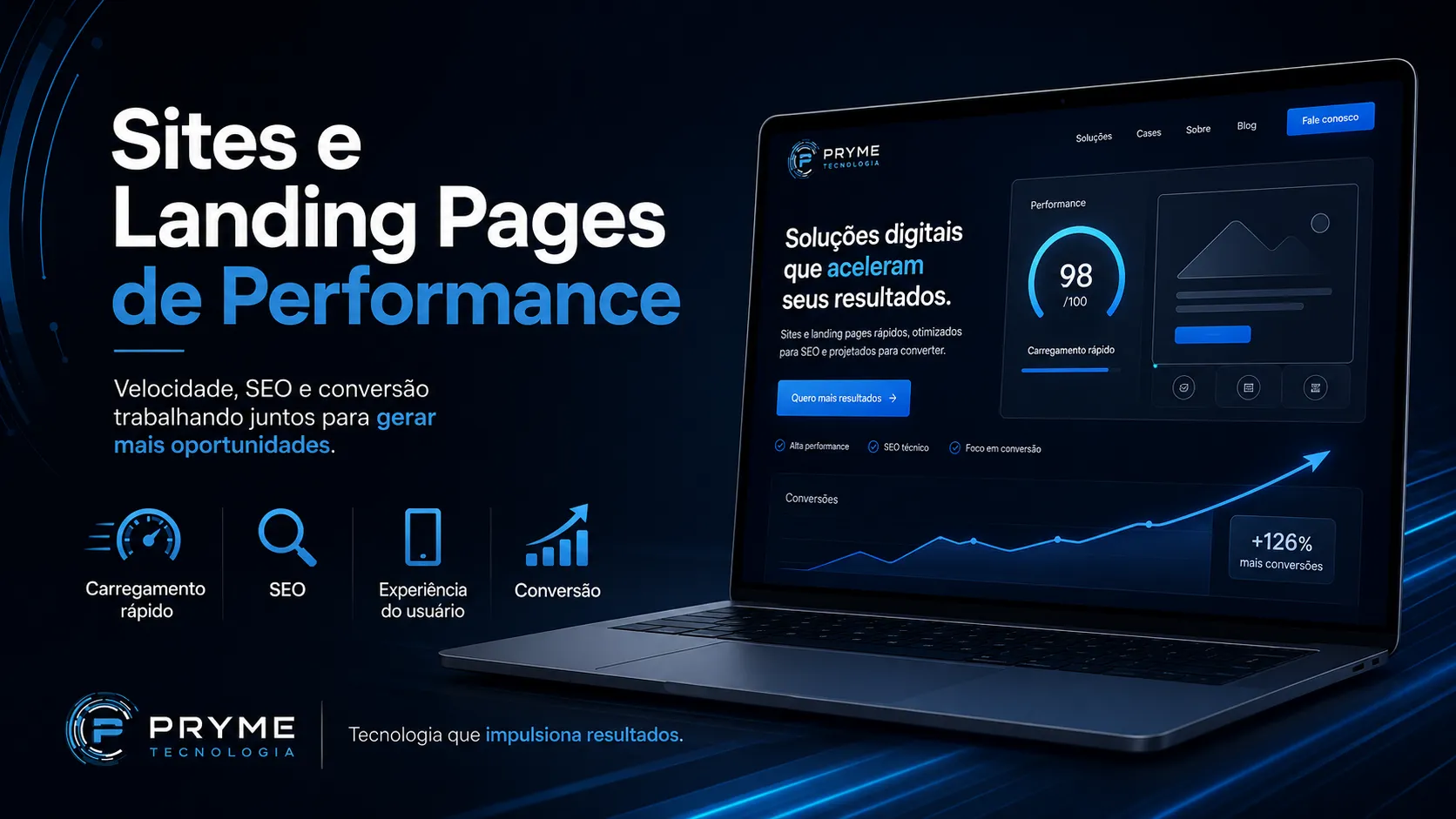 Notebook exibindo painel de performance, SEO e conversões para sites e landing pages da PRYME Tecnologia