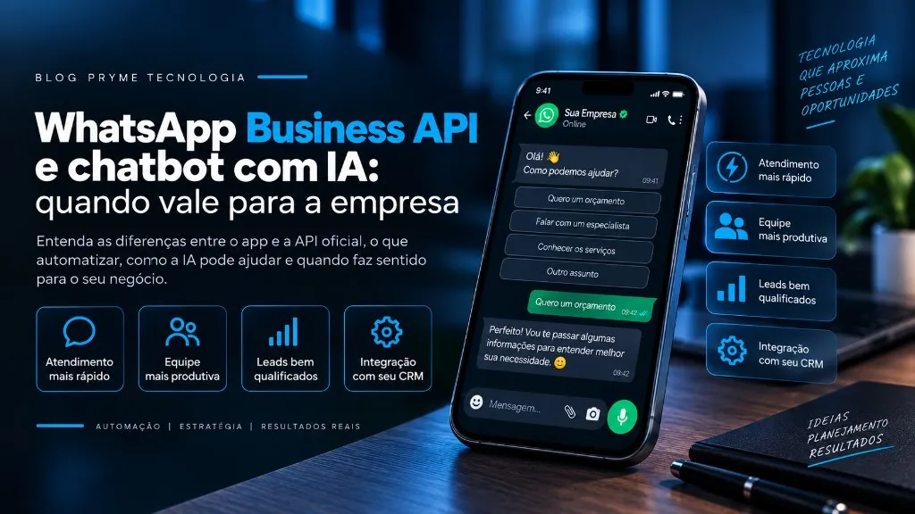 Celular com conversa de WhatsApp da empresa, ao lado de cartões sobre atendimento rápido, equipe, leads qualificados e integração com CRM