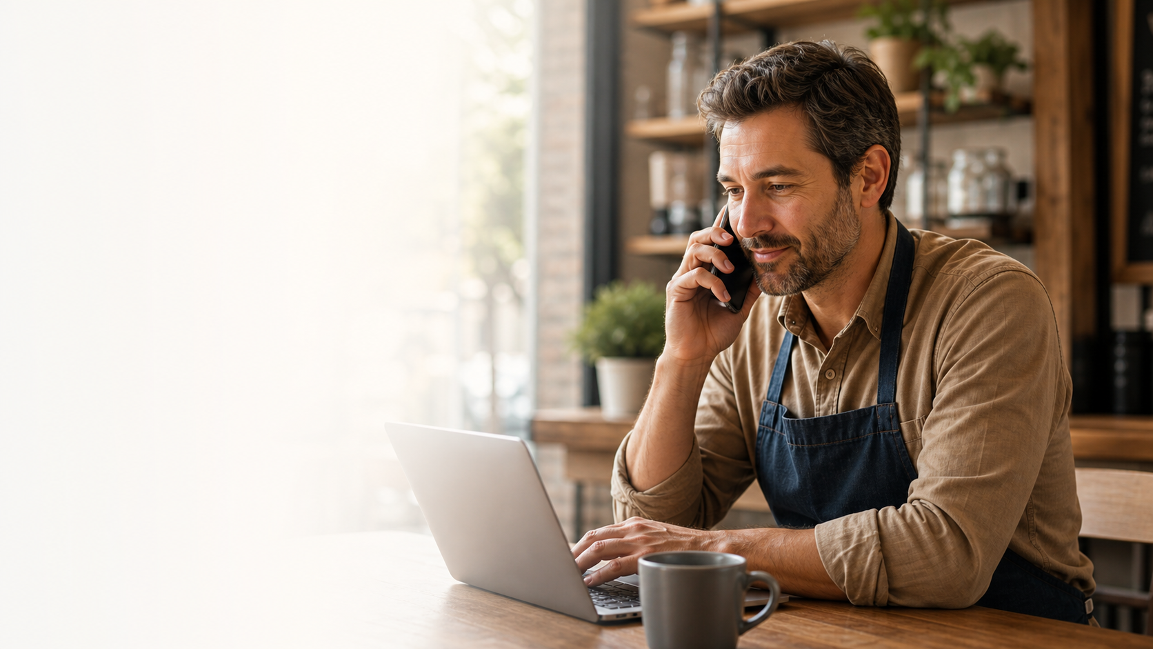 Profissional em conversa comercial por telefone enquanto organiza próximos passos no computador.